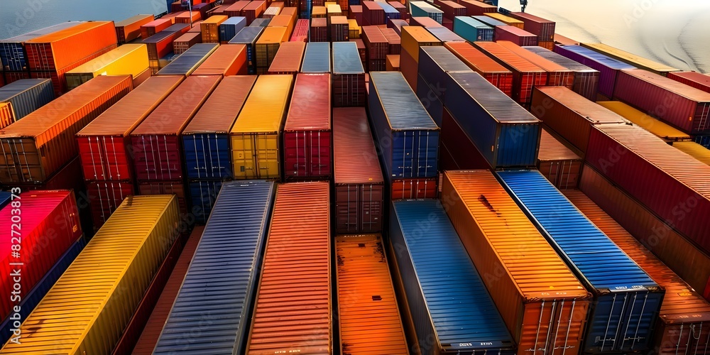 Fototapeta premium Aerial view of cargo ship displaying vibrant containers under clear skies. Concept Aerial Photography, Cargo Ship, Colorful Containers, Clear Skies, Vibrant Display