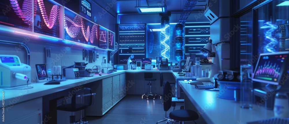 Produce a striking image showcasing a futuristic medical lab, combining advanced technology and personalized genetic analysis equipment in vivid colors for digital marketing Produce a striking image showcasing a futuristic medical lab, combining advanced technology and personalized genetic analysis equipment in vivid colors for digital marketing