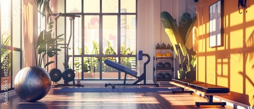 Produce a vibrant, digital illustration of a sleek home gym setup with modern equipment bathed in natural light for a motivating workout atmosphere photo
