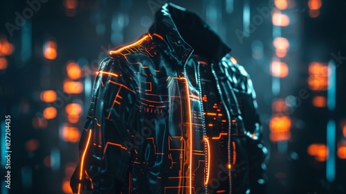 Produce an image of a futuristic smart jacket, with LED lights illuminating the fabric folds amid a dark, high-tech background, blending functional design and aesthetics