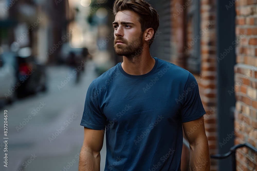 Brooding Urban Gentleman in Navy Tee Exudes Gritty Documentary Aesthetic on City Sidewalk Brooding Urban Gentleman in Navy Tee Exudes Gritty Documentary Aesthetic on City Sidewalk