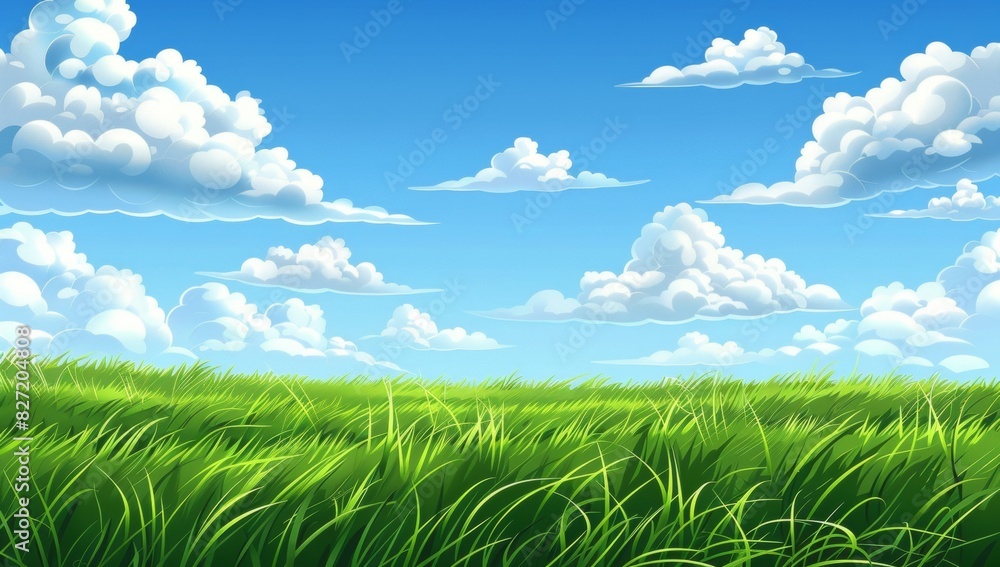 Fototapeta premium A beautiful grassy field with a blue sky and white clouds in the background, in the style of cartoon.