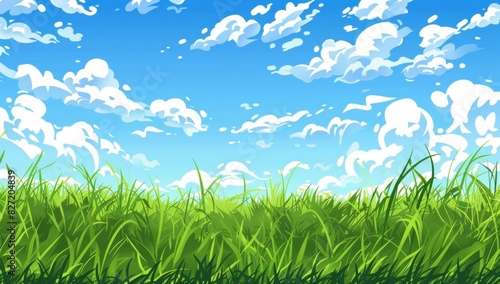 A beautiful grassy field with a blue sky and white clouds in the background  in the style of cartoon.
