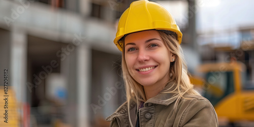 Close-up portrait of a lovely woman civil engineer against a sunset background