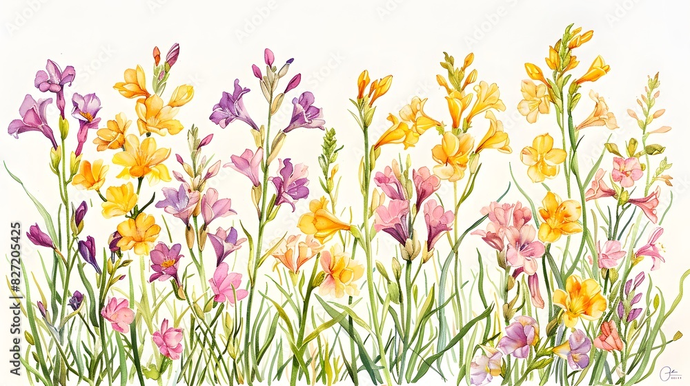 Sketch a scene of freesias, their slender stems topped with fragrant, trumpet-shaped blooms in shades of yellow, pink, and purple