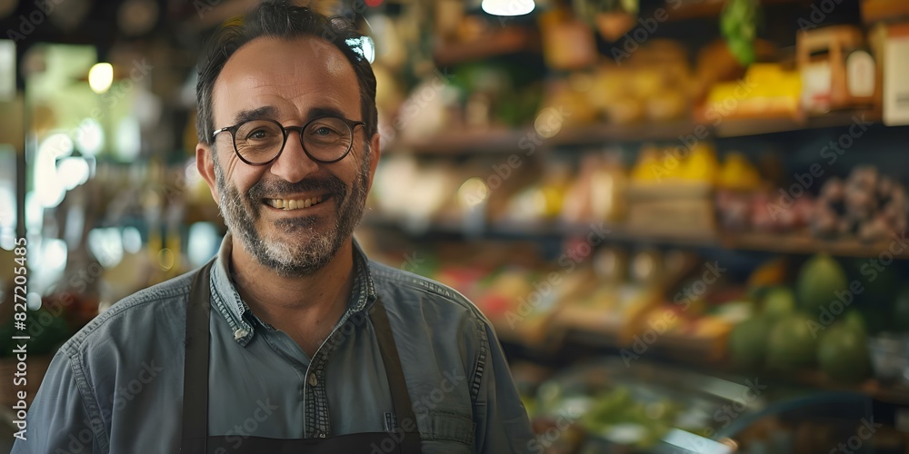 Fototapeta premium Middleaged entrepreneur standing proudly in his shop looking confident and successful. Concept Entrepreneurship, Success, Small Business, Confidence, Professional Portrait