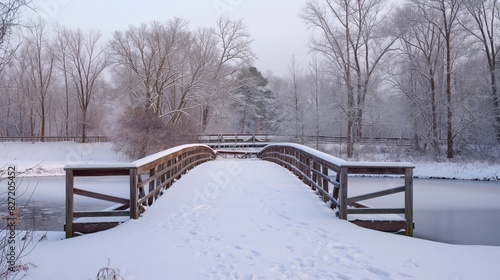 Serene winter landscape featuring a wooden bridge dusted with snow over a tranquil, partially frozen river amidst snow-laden trees