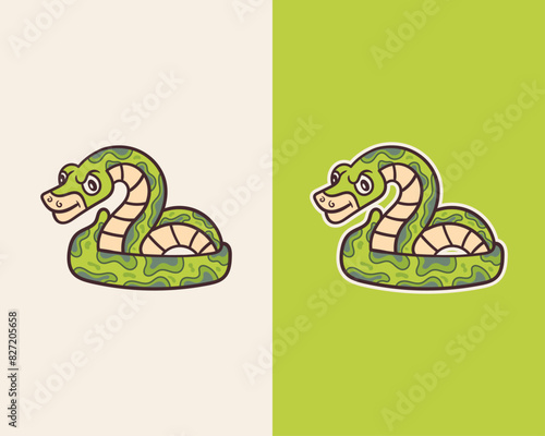 Cute snake cartoon sticker vector in green and white background