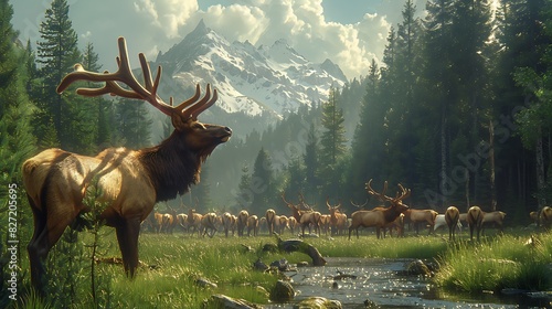 A herd of elk in a forest clearing photo