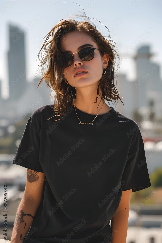 Confident Urban Model Stands Amidst Minimalist City Skyline in Stylish Black Graphic Tee Confident Urban Model Stands Amidst Minimalist City Skyline in Stylish Black Graphic Tee