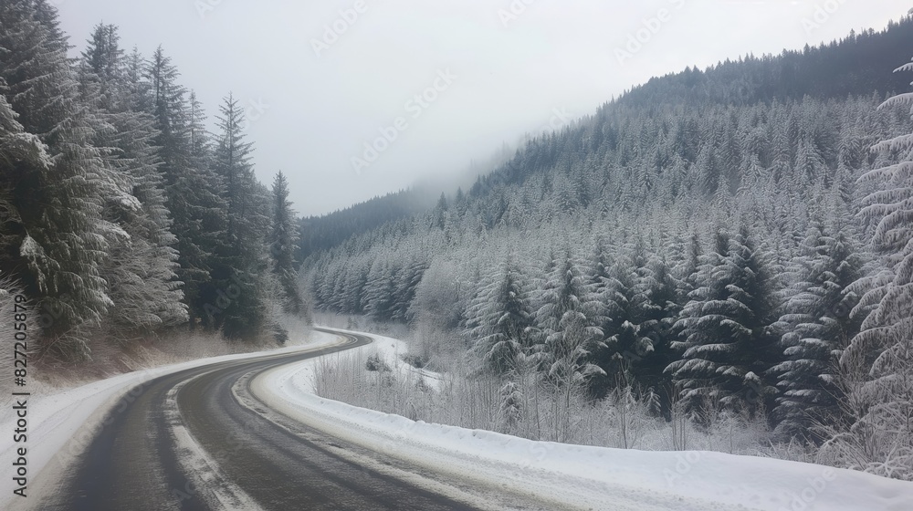 Obraz premium Tranquil winter wonderland mountain pass with snow-covered pine trees and a curving road in a serene and scenic snowy landscape
