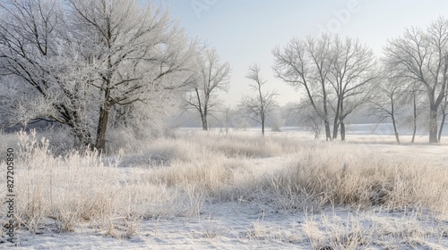 Pristine snow blankets a meadow with frosted grass and bare trees under a soft winter light