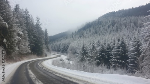 Tranquil winter wonderland mountain pass with snow-covered pine trees and a curving road in a serene and scenic snowy landscape © Татьяна Евдокимова