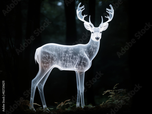 Deer With A Visible Skeletal Structure, Standing In An Enchanted Meadow With A Shimmering Horn © SOMCTK