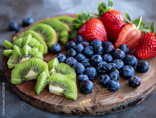 Freshly sliced kiwi  strawberries  and blueberries arranged on a rustic wooden board  natural light  high resolution  realistic photography  vibrant colors  healthy eating focus