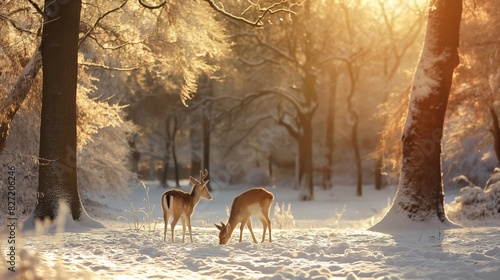 Peaceful snowy forest scene illuminated by a soft golden sunrise, with two deer grazing
