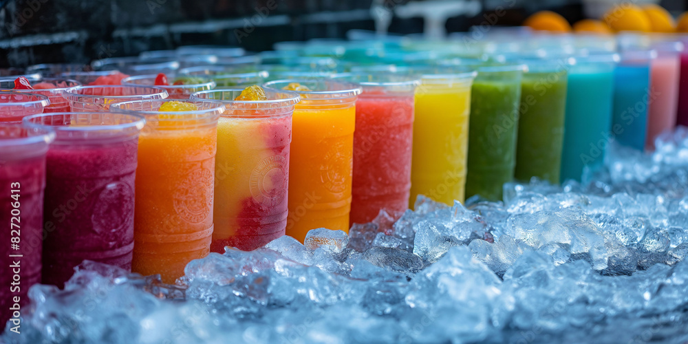 A row of colorful smoothies in clear plastic cups on ice, showcasing red, orange, green, and blue colors. Ideal for promoting healthy beverages, drink for hot summer day A row of colorful smoothies in clear plastic cups on ice, showcasing red, orange, green, and blue colors. Ideal for promoting healthy beverages, drink for hot summer day