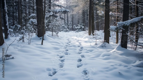 Serene snow-blanketed woodland trail marked by a trail of footprints, inviting a peaceful winter walk © Татьяна Евдокимова