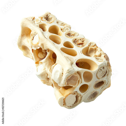 Cross-section of a human bone displaying trabecular structure and marrow cavity, concept of orthopedics, bone health, and medical study photo