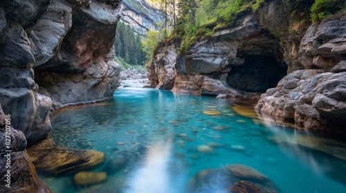 Tranquil and clear blue river winding through a stunning rock canyon surrounded by peaceful forest