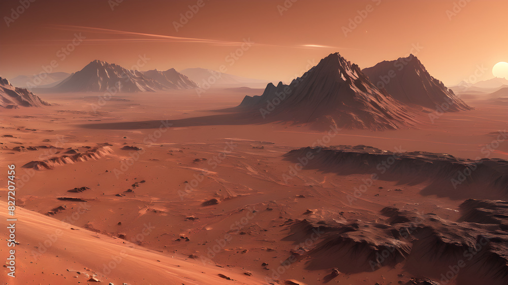 Naklejka premium Landscape on Mars with mountains during sunset or sunrise, Generative AI