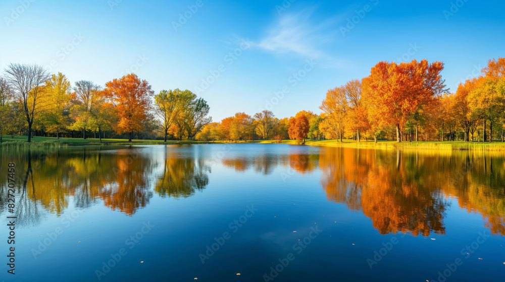 Tranquil and peaceful autumn lake panorama with vibrant foliage. Clear blue sky. And serene landscape reflecting in calm water