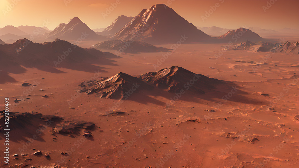 Naklejka premium Landscape on Mars with mountains during sunset or sunrise, Generative AI