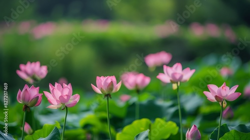 Tranquil image capturing the beauty of vibrant pink lotus flowers against a lush green backdrop