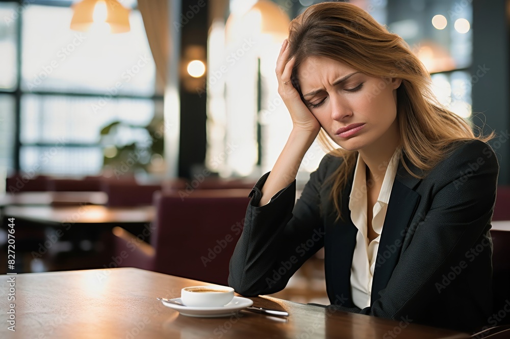 businesswoman at table with head resting on hand businesswoman at table with head resting on hand