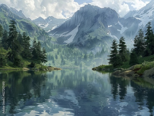 Serene lake with a reflection of mountains, peaceful and calming, ideal for a naturethemed decor