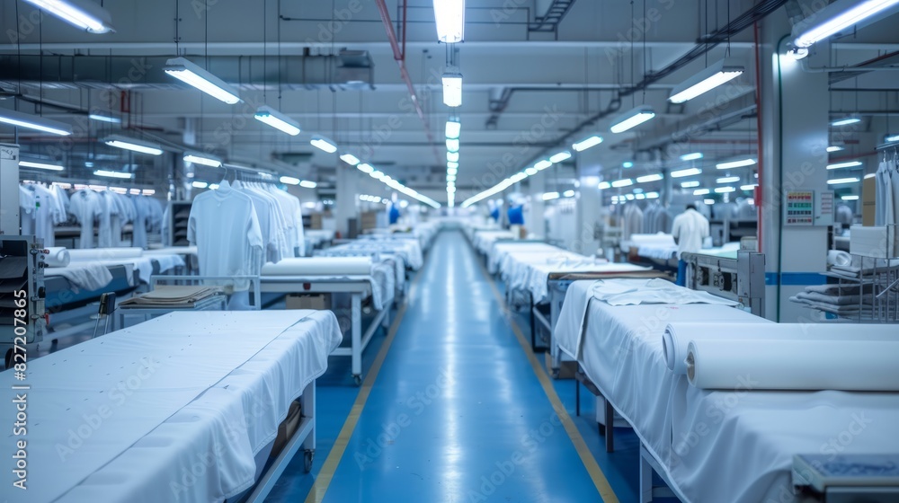 Panoramic view inside industrial clothing production line under soft lights. Panoramic view inside industrial clothing production line under soft lights.