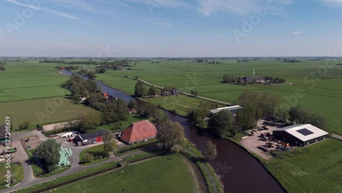 Aerial View: Dokkumer Ee River/Cannel through Farmland in Friesland, Netherlands photo
