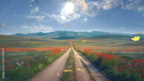 
Di bawah langit biru-jingga yang mempesona pada hari yang cerah, jalanan pedesaan Kazakhstan dipenuhi bunga merah cerah. seamless looping time-lapse animation video background photo
