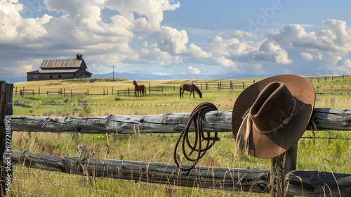 A cowboy hat and lasso draped over an old wooden fence, with grazing horses and a distant barn visible in the background.