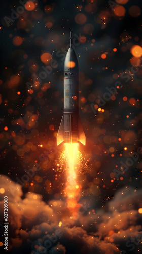 Futuristic Rocket Blasting Off from Advanced Tablet Surface with Shimmering Sci-Fi Visuals and Alien-Inspired Design