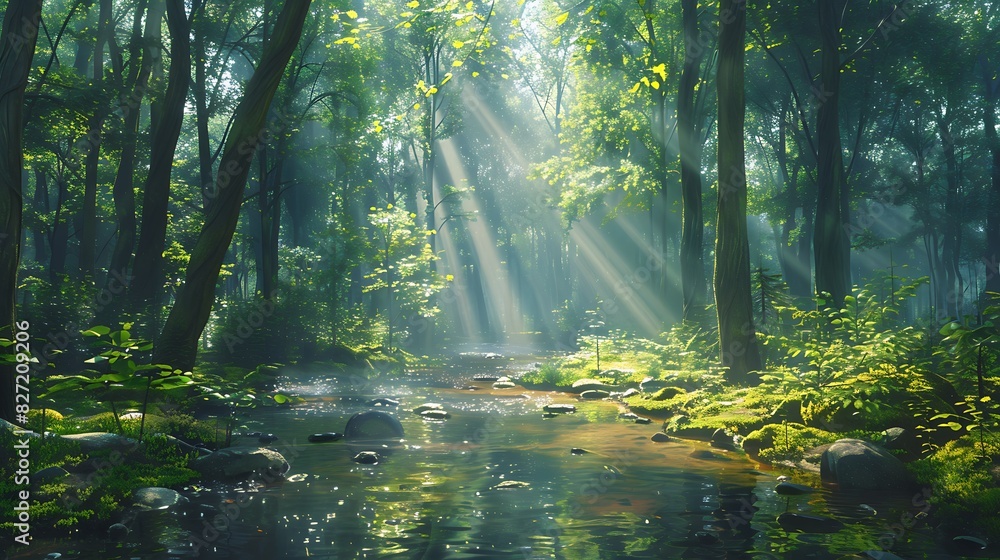 A forest with a stream and sunlight filtering through the trees under a clear sky