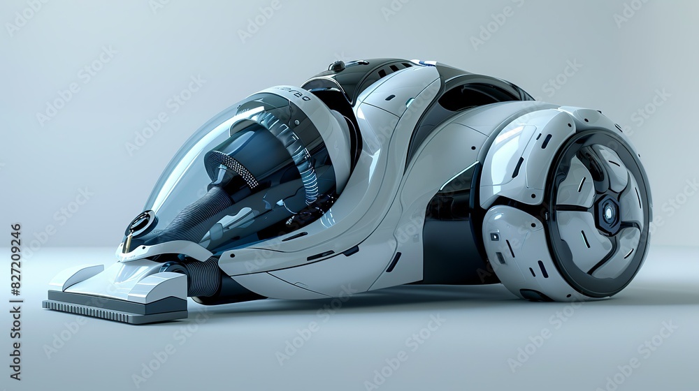 Fototapeta premium A detailed 3D model of a high-tech vacuum cleaner, showcasing its futuristic design and advanced features, placed on a simple, light-colored background for contrast.