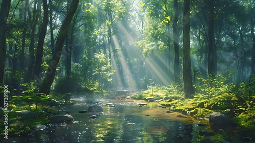 A forest with a stream and sunlight filtering through the trees under a clear sky