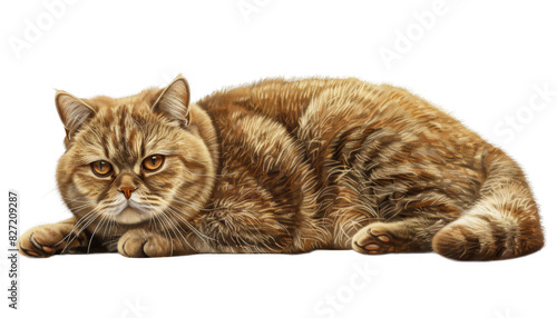 A beautiful, fluffy brown tabby cat lies down, gazing calmly. Perfect for pet lovers and anyone looking for a serene animal image.