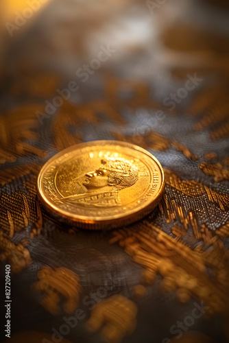 Golden Coin Close-Up: Detailed Examination of a Single Coin's Texture and Engravings
