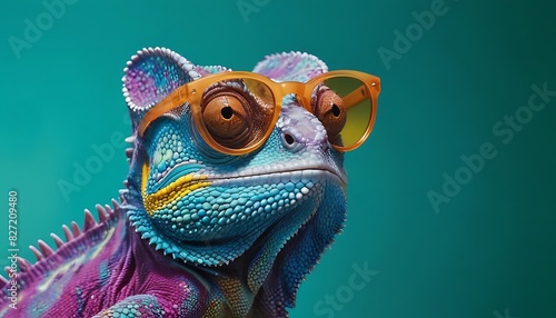 Rainbow Colour Chameleon closeup at plain Teal background ,Chameleon Sitting ,nature ,reptile ,lizard ,dragon , animal ,green , branch ,illustration. © Zigma Arts