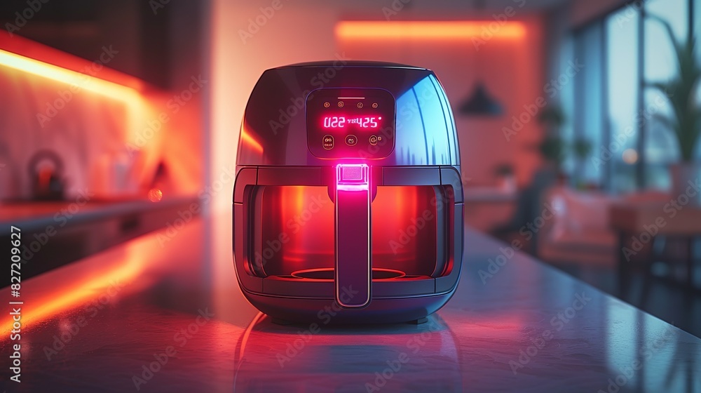 A colorful 3D model of a compact air fryer, with its digital controls and modern aesthetics, set against a clean, minimalistic background for emphasis. A colorful 3D model of a compact air fryer, with its digital controls and modern aesthetics, set against a clean, minimalistic background for emphasis.