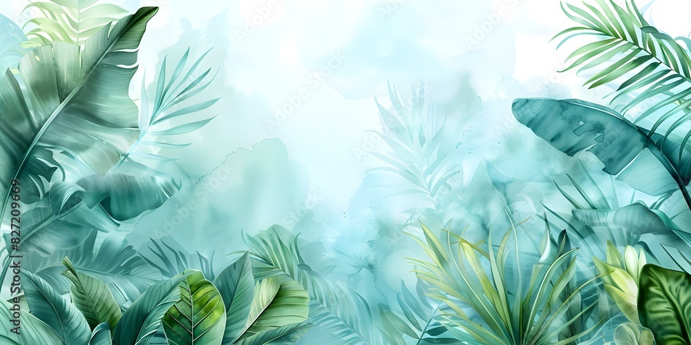 Tropical Watercolor Background with Palm and Banana Leaf Pattern Template. Concept Watercolor Background, Tropical Theme, Palm Leaf Pattern, Banana Leaf Design, Template Display Tropical Watercolor Background with Palm and Banana Leaf Pattern Template. Concept Watercolor Background, Tropical Theme, Palm Leaf Pattern, Banana Leaf Design, Template Display