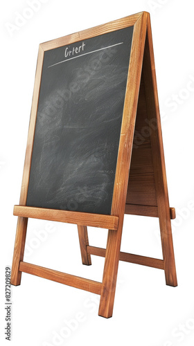 A blank wooden-framed chalkboard on a stand isolated on a white background, ideal for educational or menu display purposes. photo