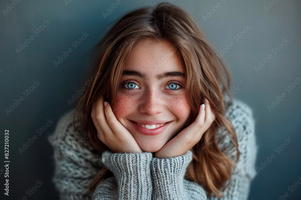 A woman with blue eyes and red hair is smiling and wearing a gray sweater A woman with blue eyes and red hair is smiling and wearing a gray sweater