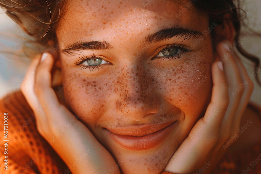 A woman with blue eyes and red hair is smiling and has a mole on her nose A woman with blue eyes and red hair is smiling and has a mole on her nose