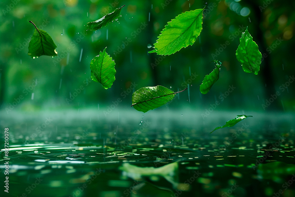 A leaf is falling in the rain and the water is green A leaf is falling in the rain and the water is green
