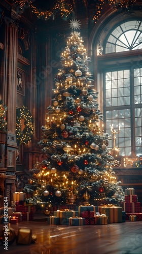 Wallpaper Mural Luxurious Christmas Tree in Cozy Cottage Living Room with Dazzling Lights and Gift Boxes Torontodigital.ca