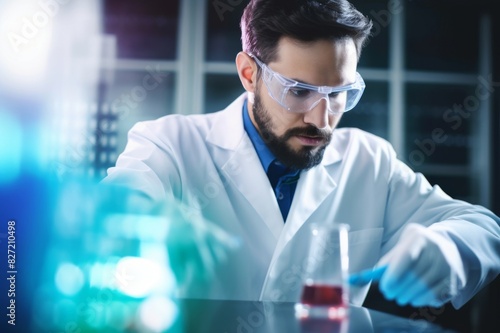 environmental testing and laboratory research services. male scientist wearing eyeglasses experimenting and examining chemical sample a flask in an environmental laboratory