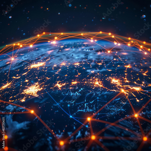 A digital globe with glowing connections between different global locations, representing the interconnectedness of business and technology across continents, against a dark blue background.